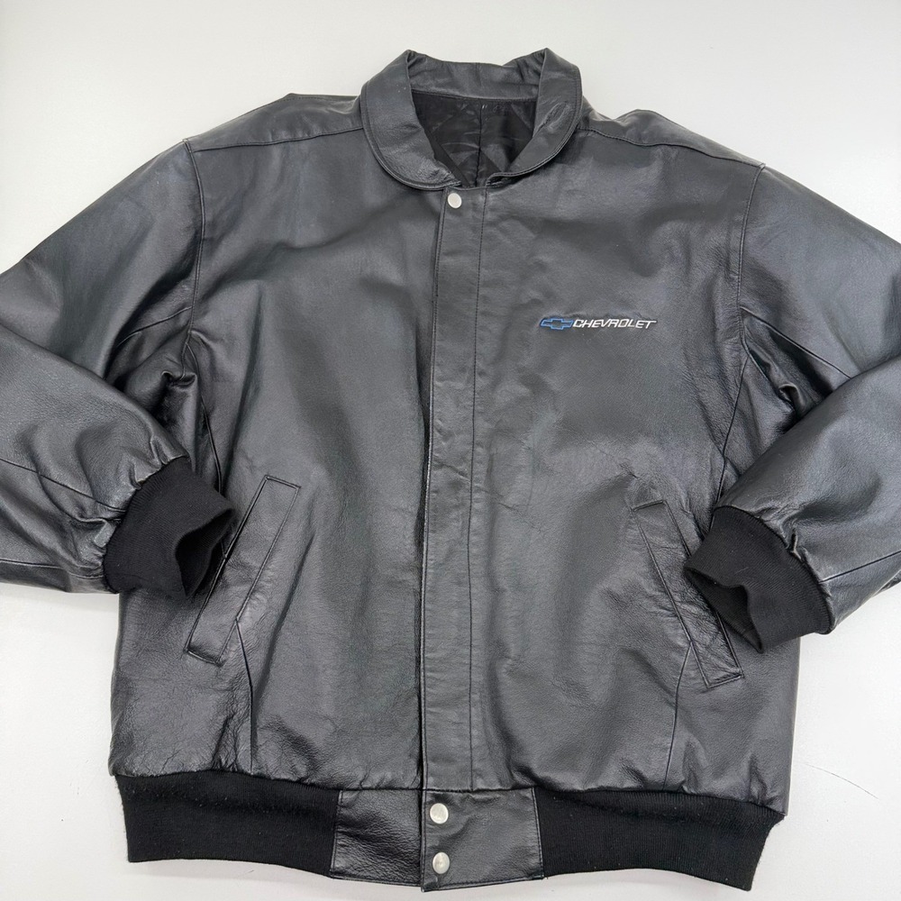 Chevrolet Mens Black Genuine Leather Bomber Jacket Blue Che Logo XL Quiltedvy